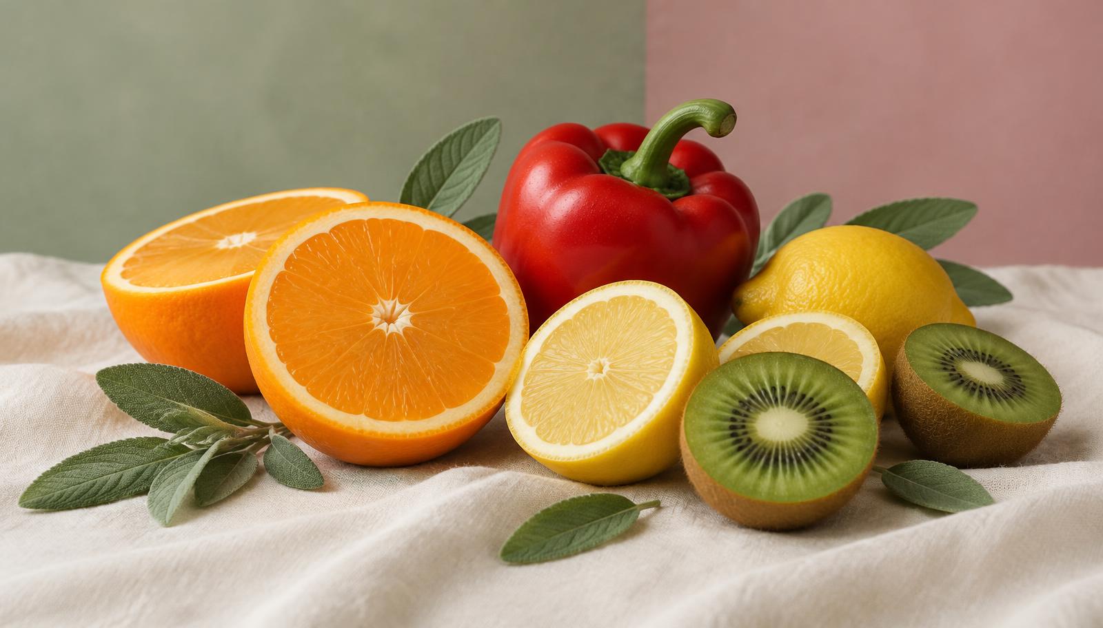 Stillleben mit Zitrusfrüchten, Kiwi und Paprika als Vitamin-C-reiche Lebensmittel